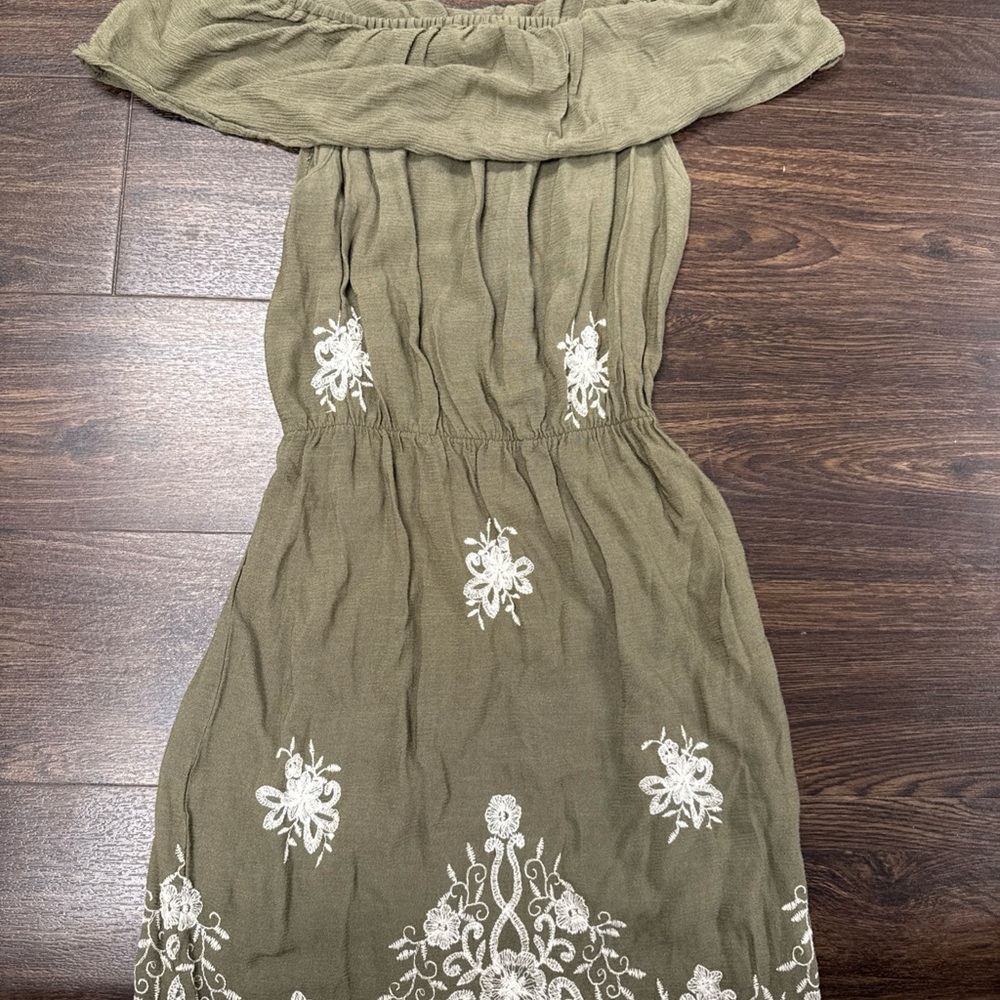 Love Tree Olive Mini Dress‎ with White Floral Details